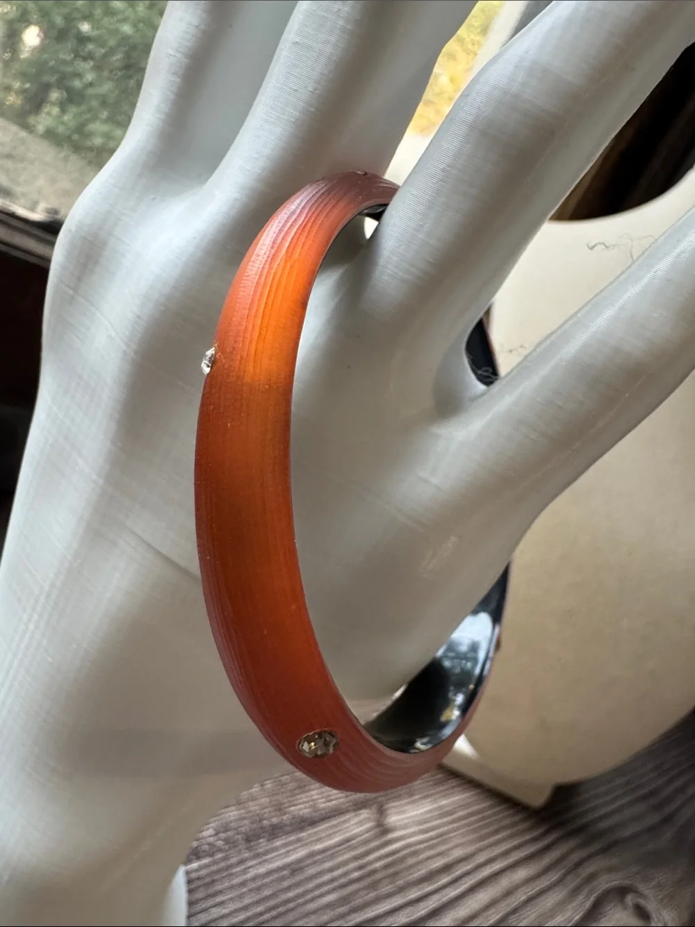 Alexis Bittar Burnt Orange Vintage Lucite Rhinestone Bangle Bracelet Hand-Carved